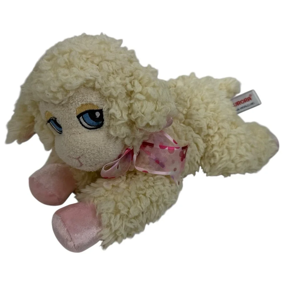 Aurora Lamb Sheep Plush Lovey‎ Bow Velvet Feet Ivory Pink Embroidered Face RARE